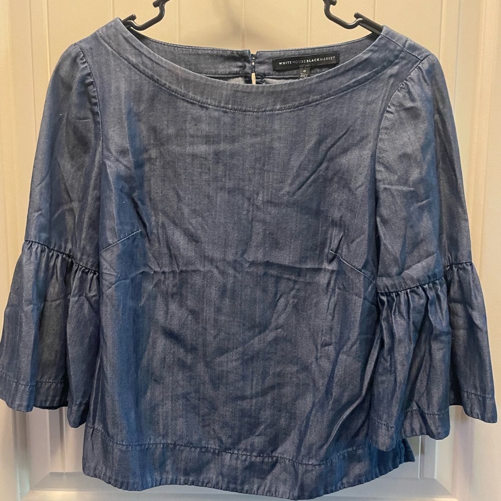 White House Black Market Womens 0 Xs Blue Chambray Bell Sleeves Emma Blouse Top